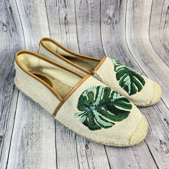 Michael Michael Kors Flats Fisher Palm Embroidered Espadrille Women’s 8 US Beige - Picture 1 of 8